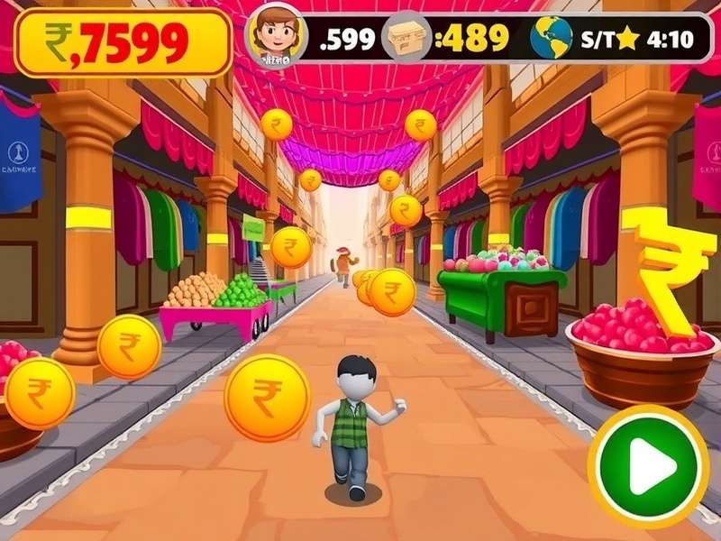 Rupee Run Pro gameplay screenshot showing a character chasing rupees in a colorful Indian market